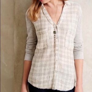 Anthropologie Plaid Button Down Size Small Cotton Knit Shirt Grey White